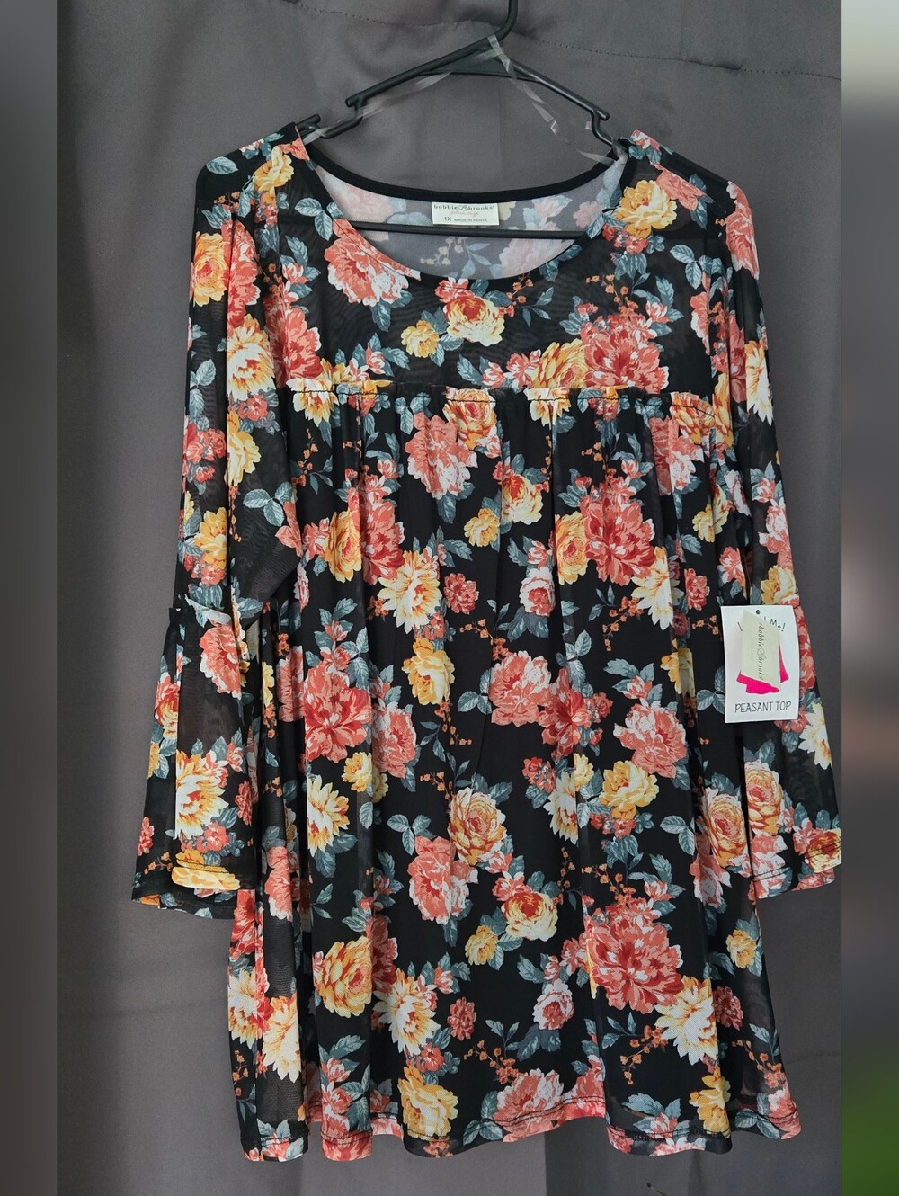 Bobbie Brooks Black Floral Blouse with Coral, Yellow & Teal Blooms